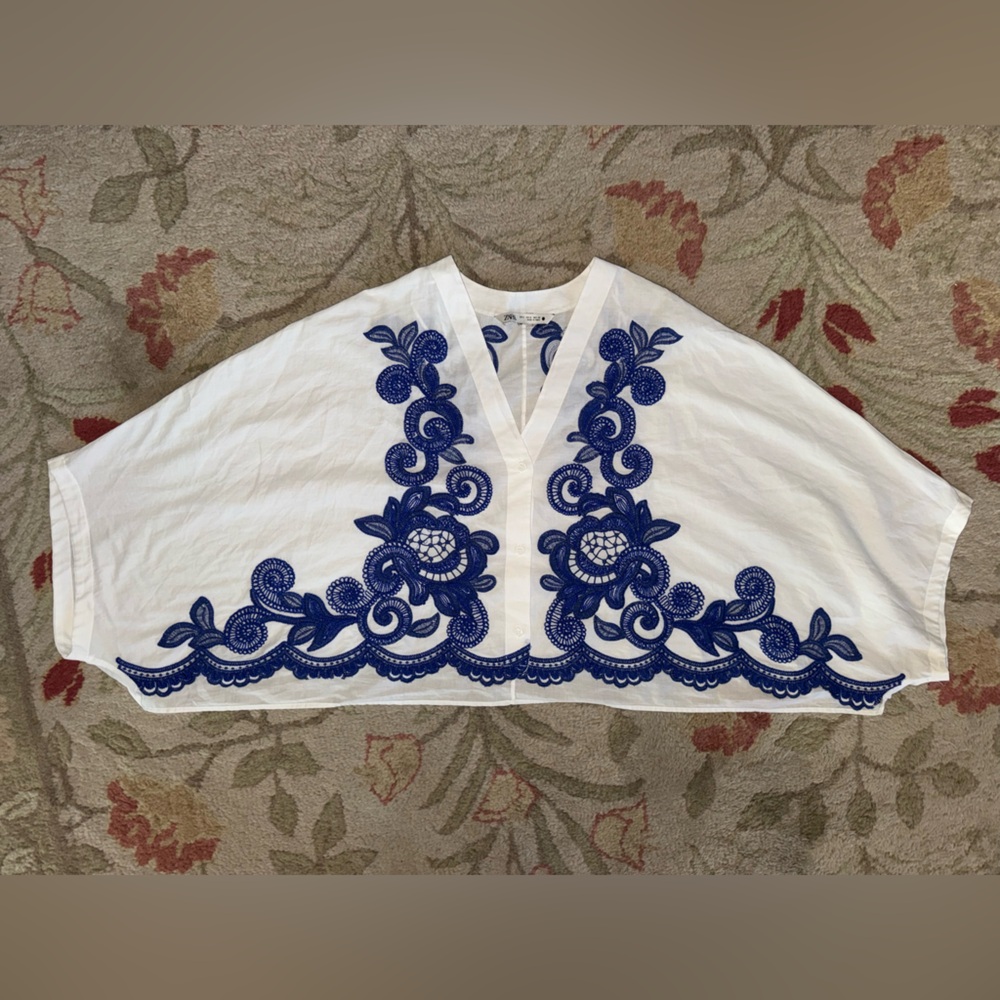 Zara Contrast Embroidered Batwing Mediterranean Small Cotton Button Up Blue - Picture 2 of 9